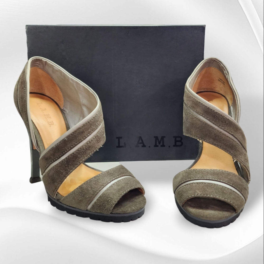L.A.M.B. Taupe-Gray Suede Palma Lug Sole Open-toe Heels